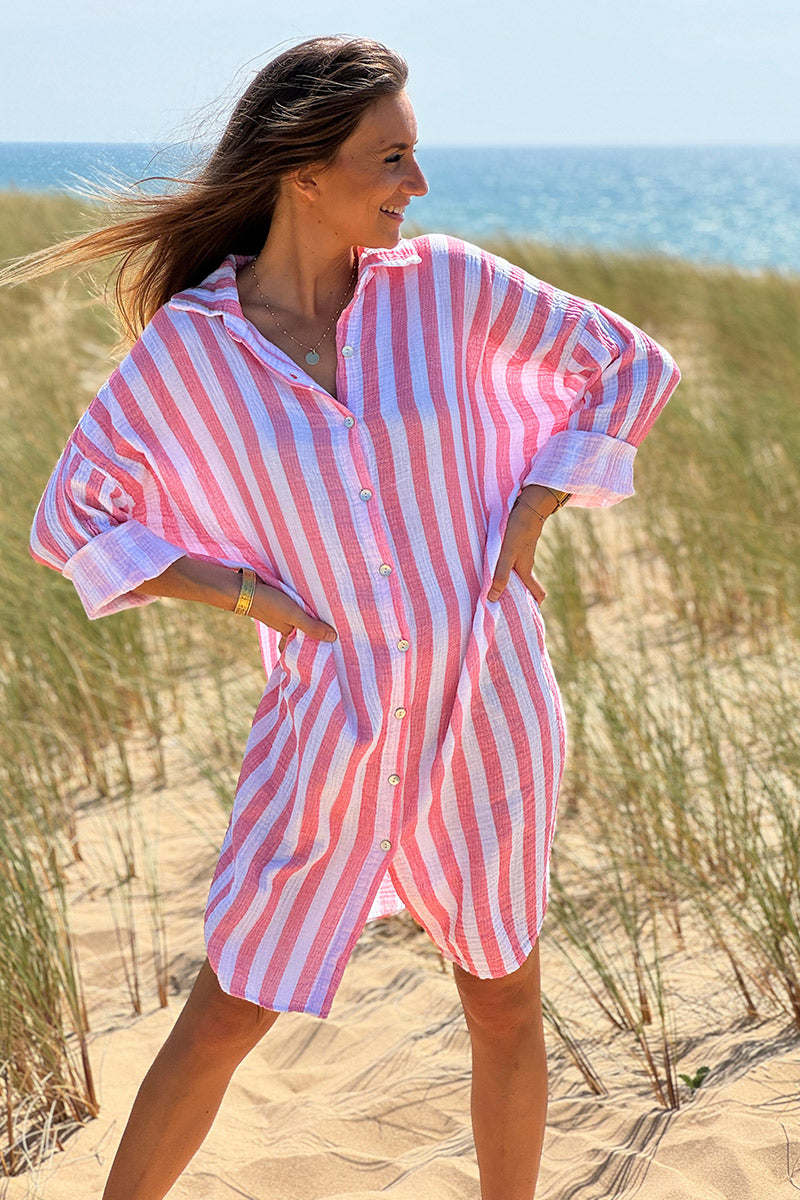 Coral Stripe Gauze Shirt Dress