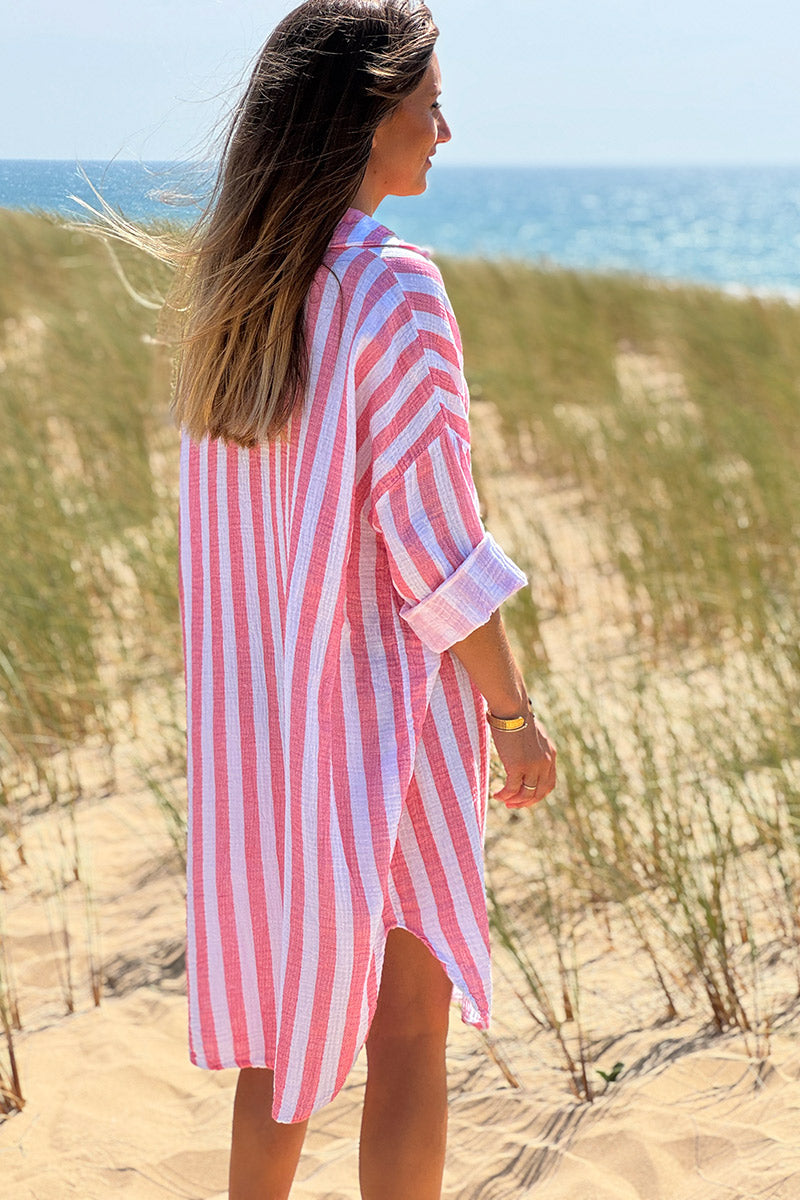 Coral Stripe Gauze Shirt Dress