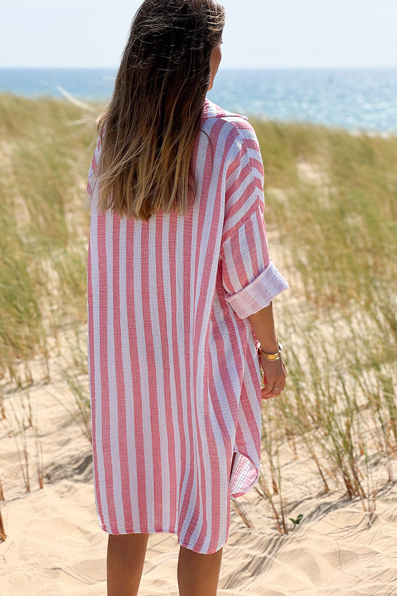 Coral Stripe Gauze Shirt Dress