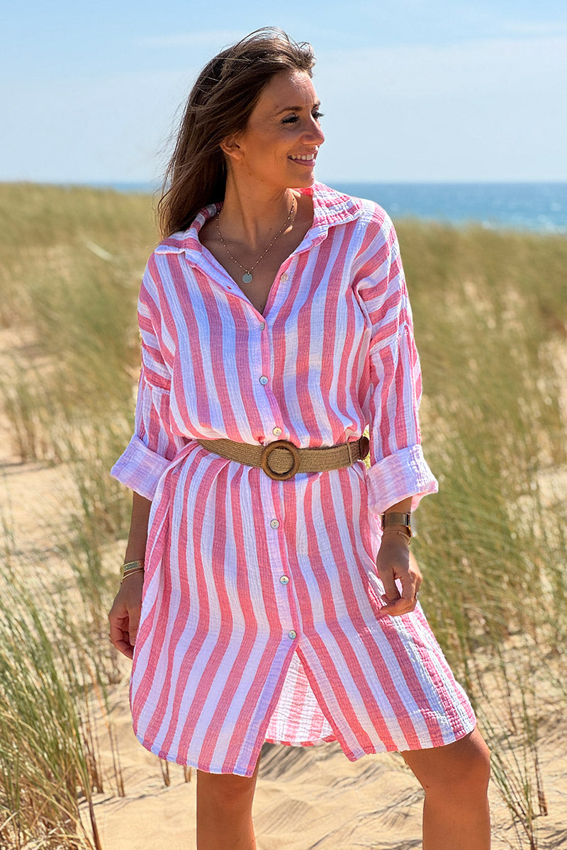 Coral Stripe Gauze Shirt Dress