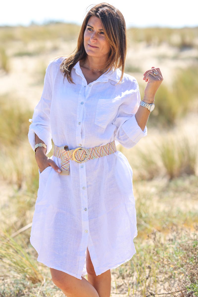 Robe chemise blanche en lin boutonnee poche sequins g040 (1)
