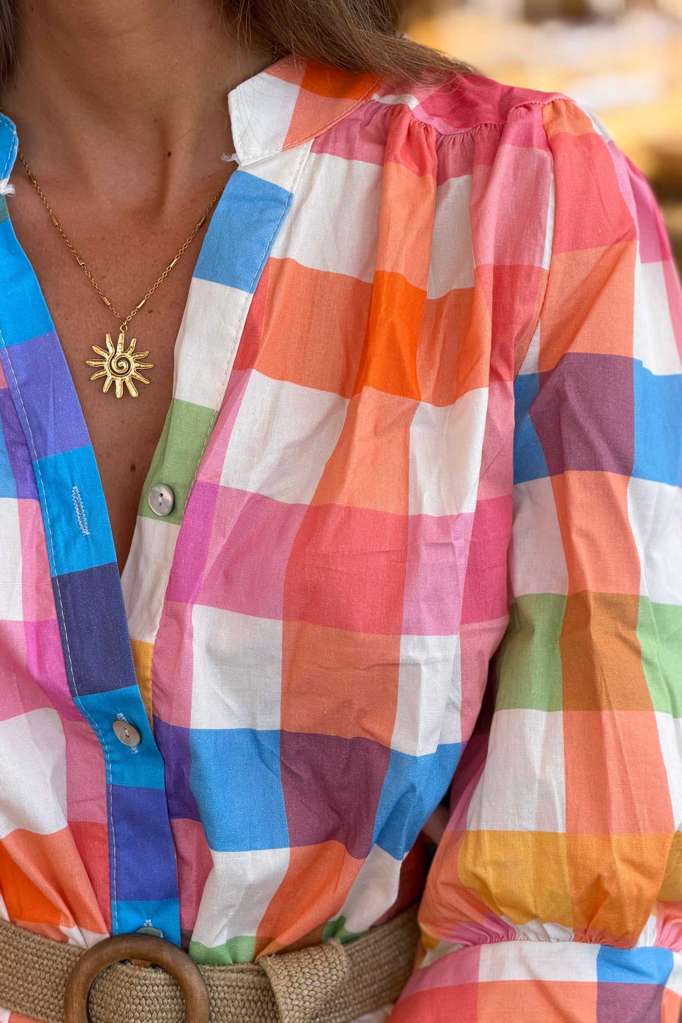 Multicolour Gingham Button-Down Blouson Dress