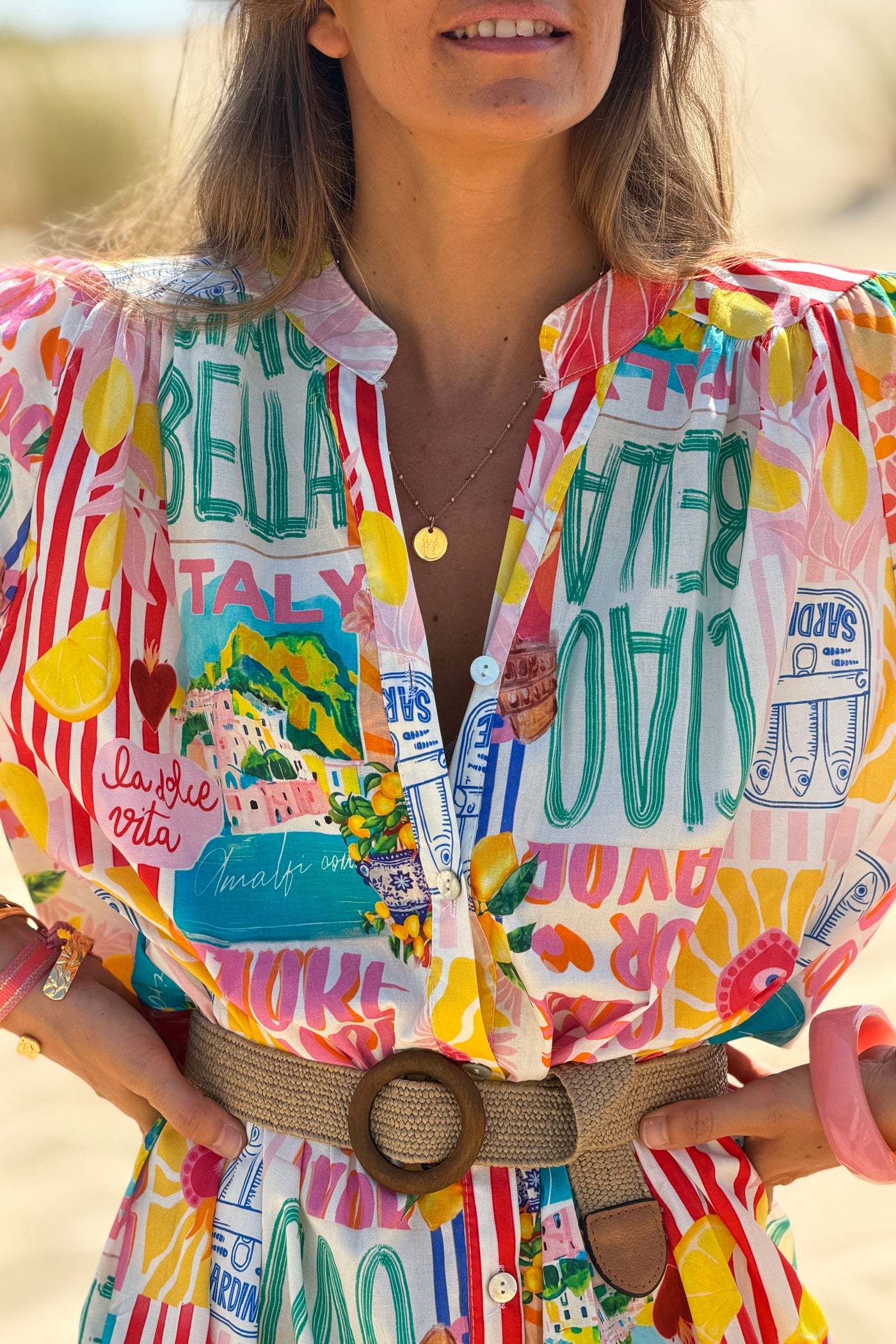 Robe chemise en coton imprimé coloré Italie Dolce vita citron Ciao Bella