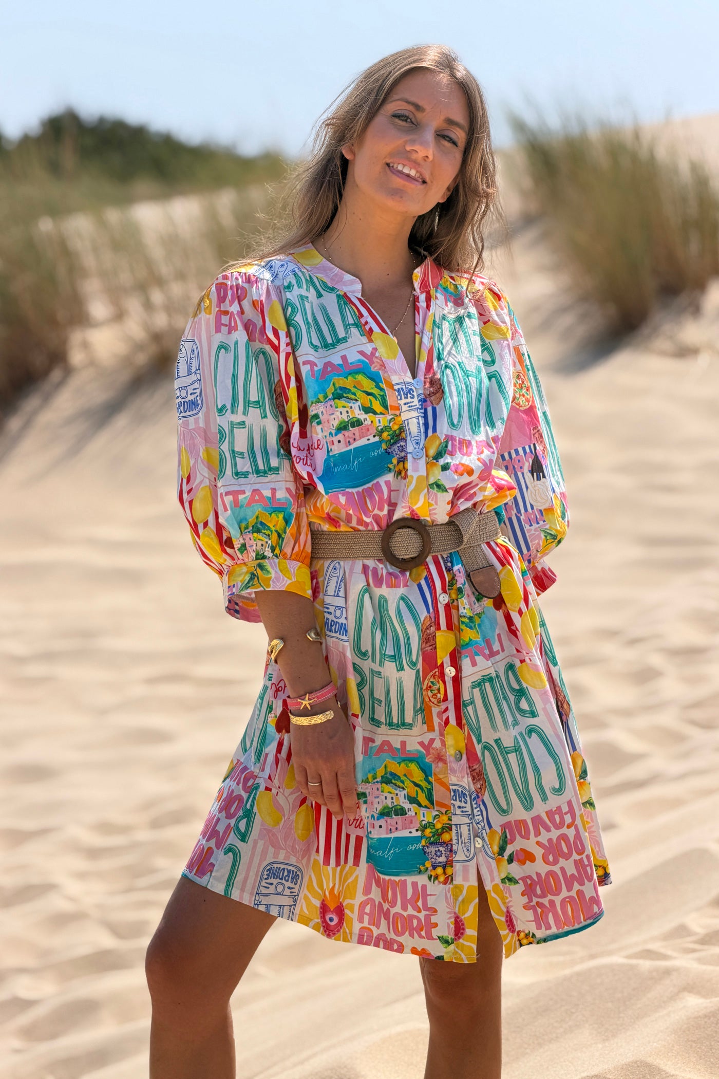 Robe chemise en coton imprimé coloré Italie Dolce vita citron Ciao Bella