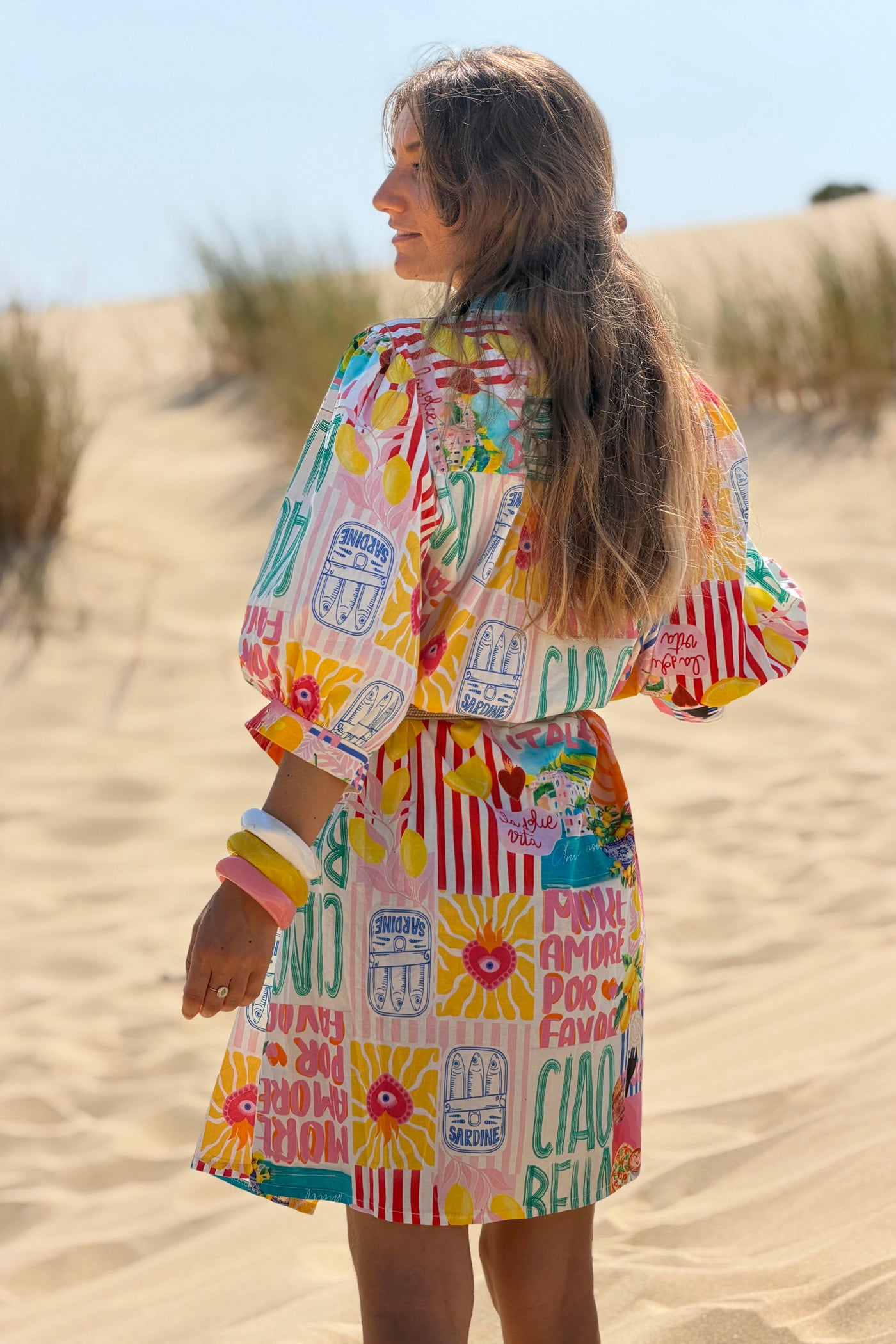 Robe chemise en coton imprimé coloré Italie Dolce vita citron Ciao Bella