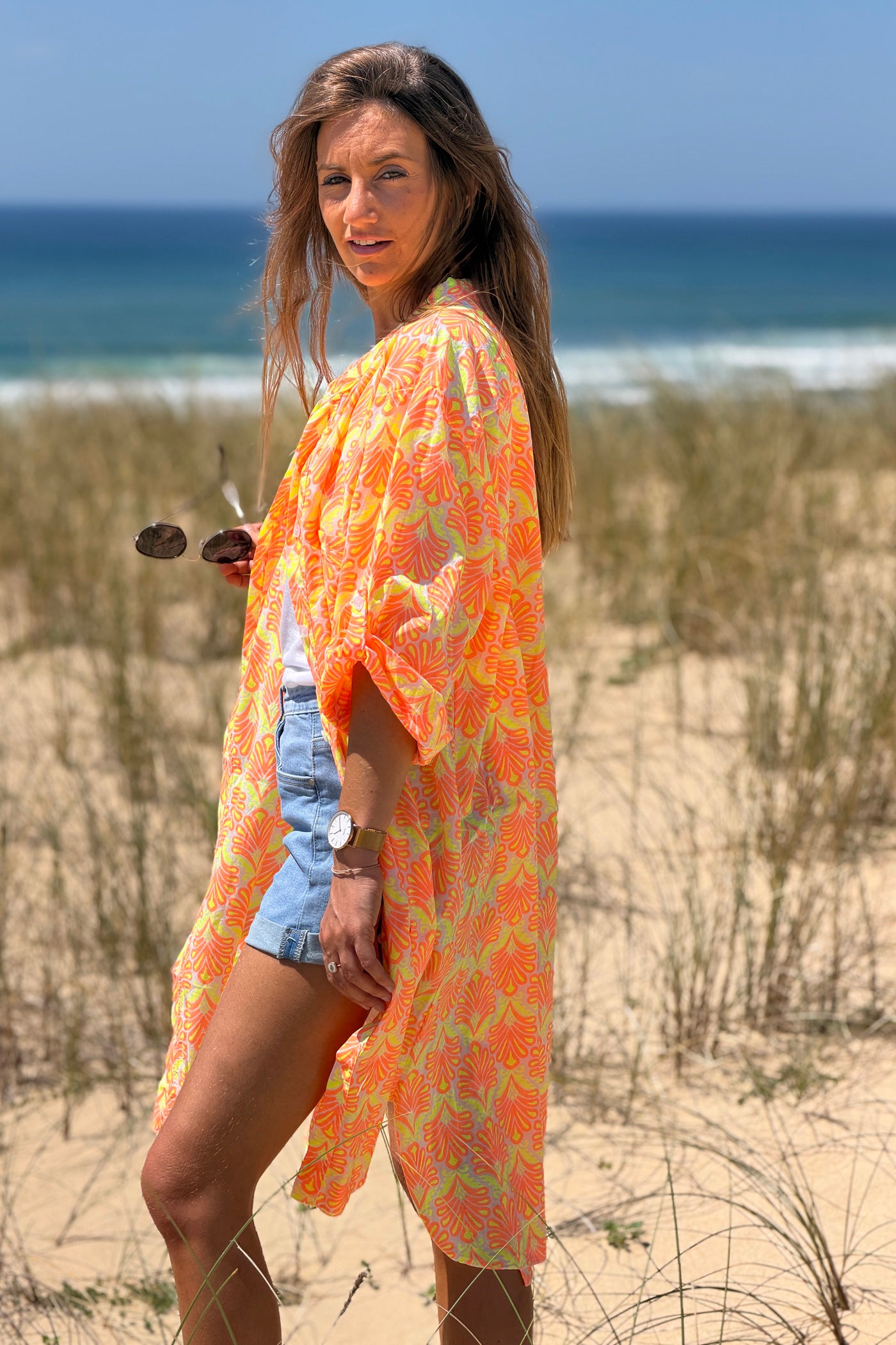 Robe chemise en coton imprimé lys orange fluo