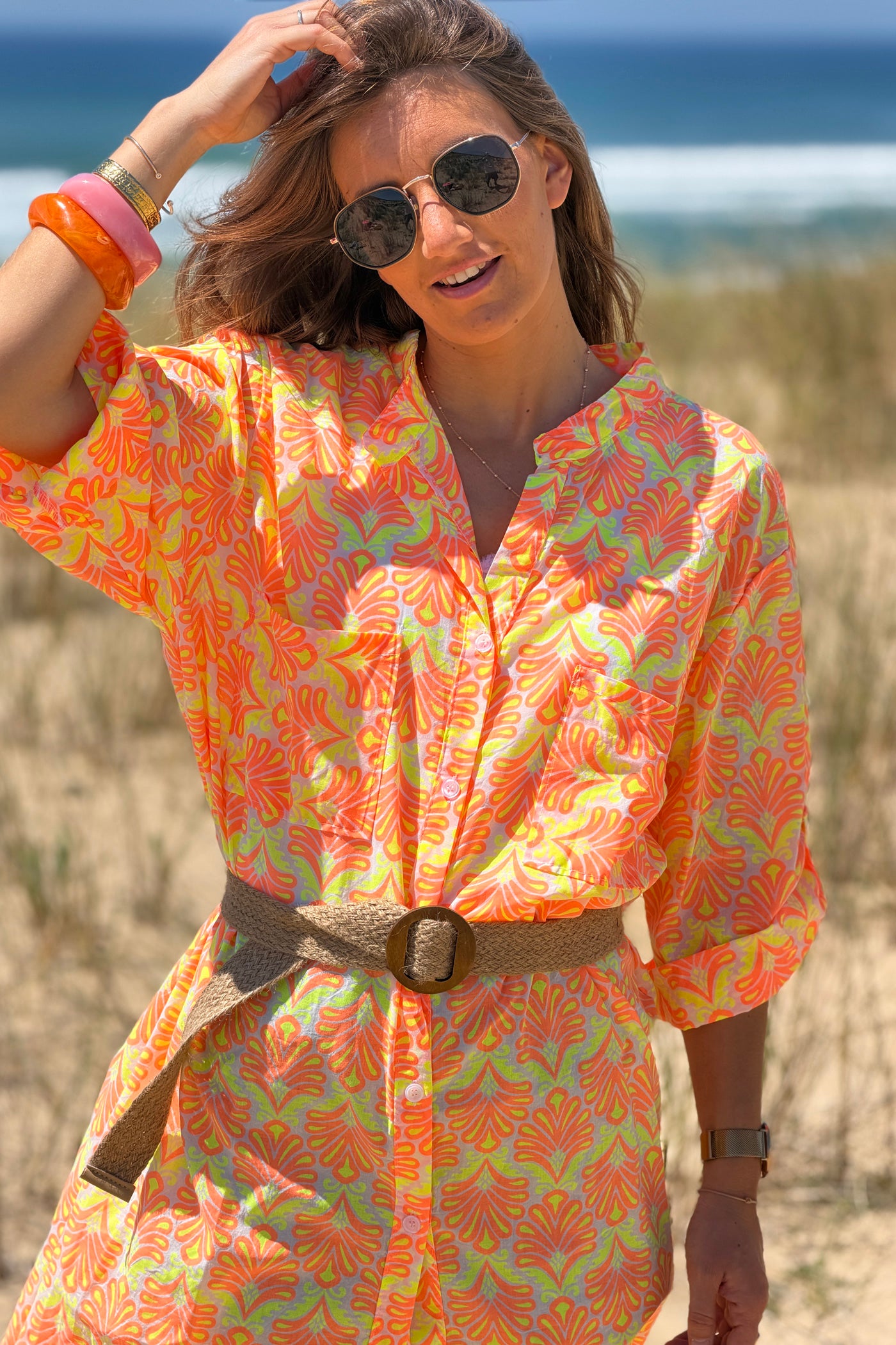 Robe chemise en coton imprimé lys orange fluo