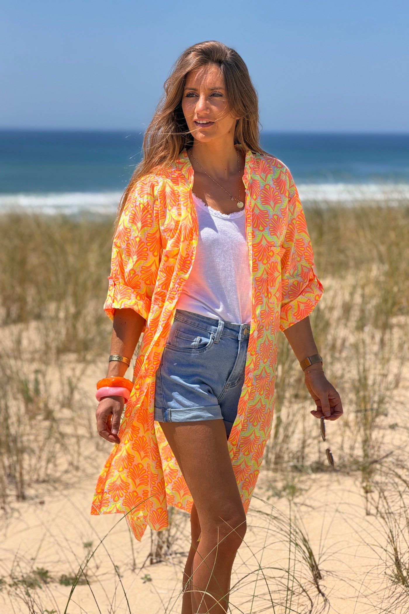 Robe chemise en coton imprimé lys orange fluo