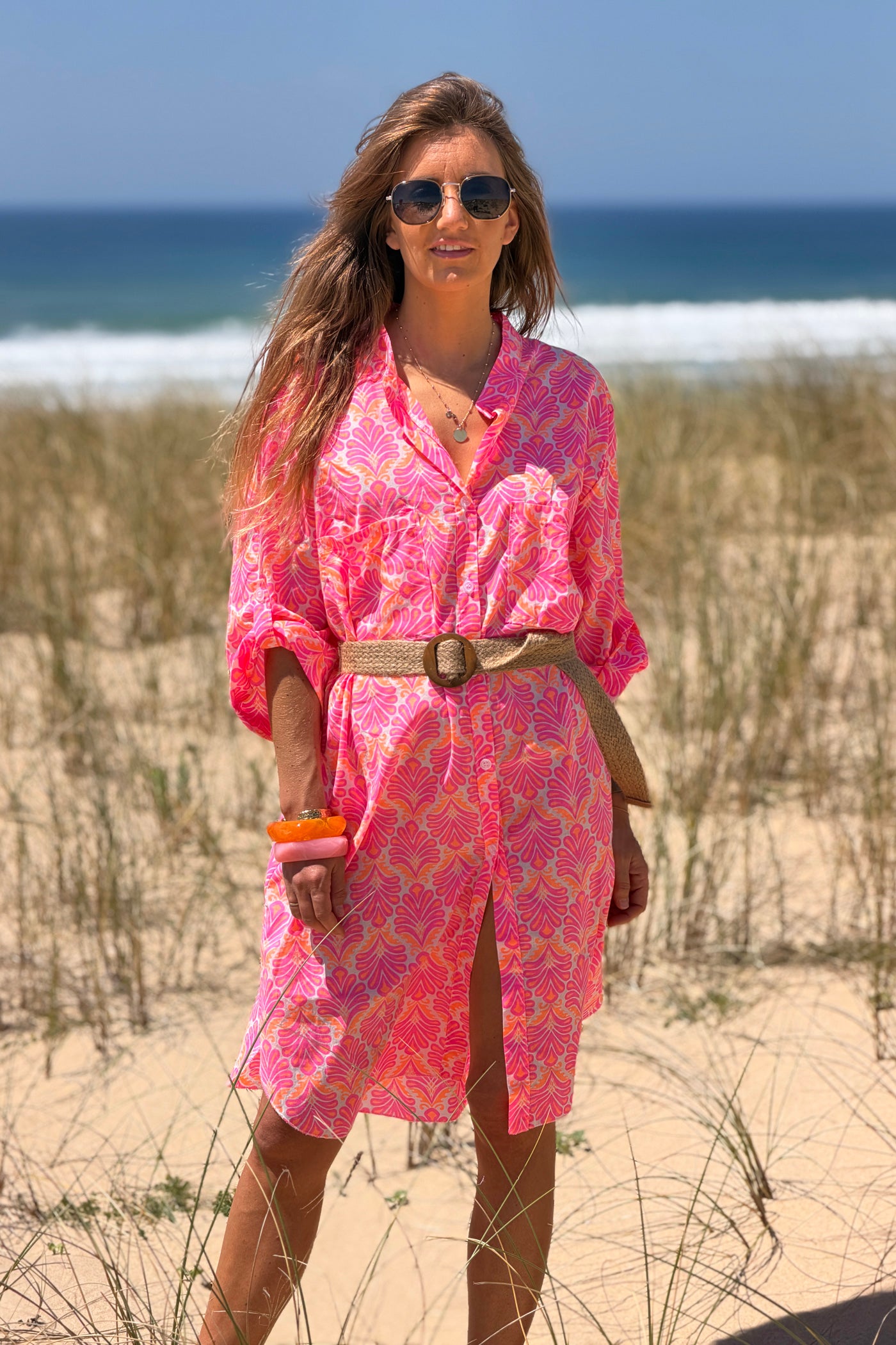 Robe chemise en coton imprimé lys rose fluo
