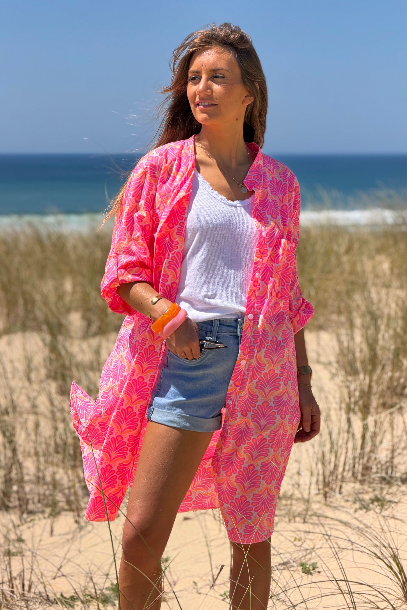 Robe chemise en coton imprimé lys rose fluo