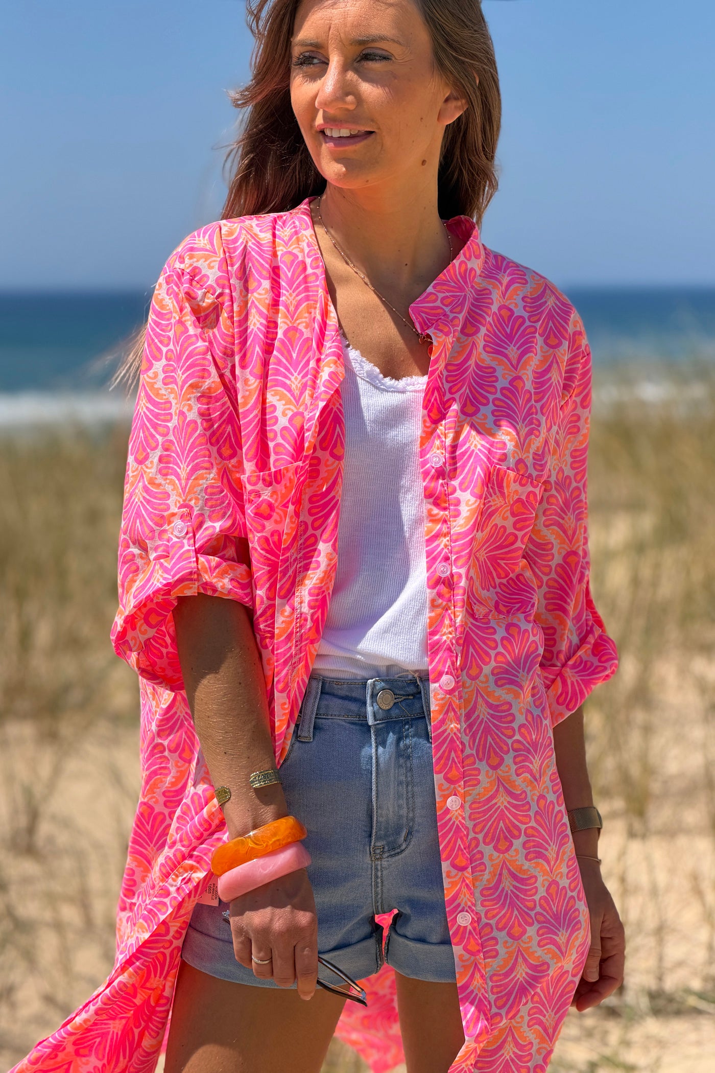 Robe chemise en coton imprimé lys rose fluo