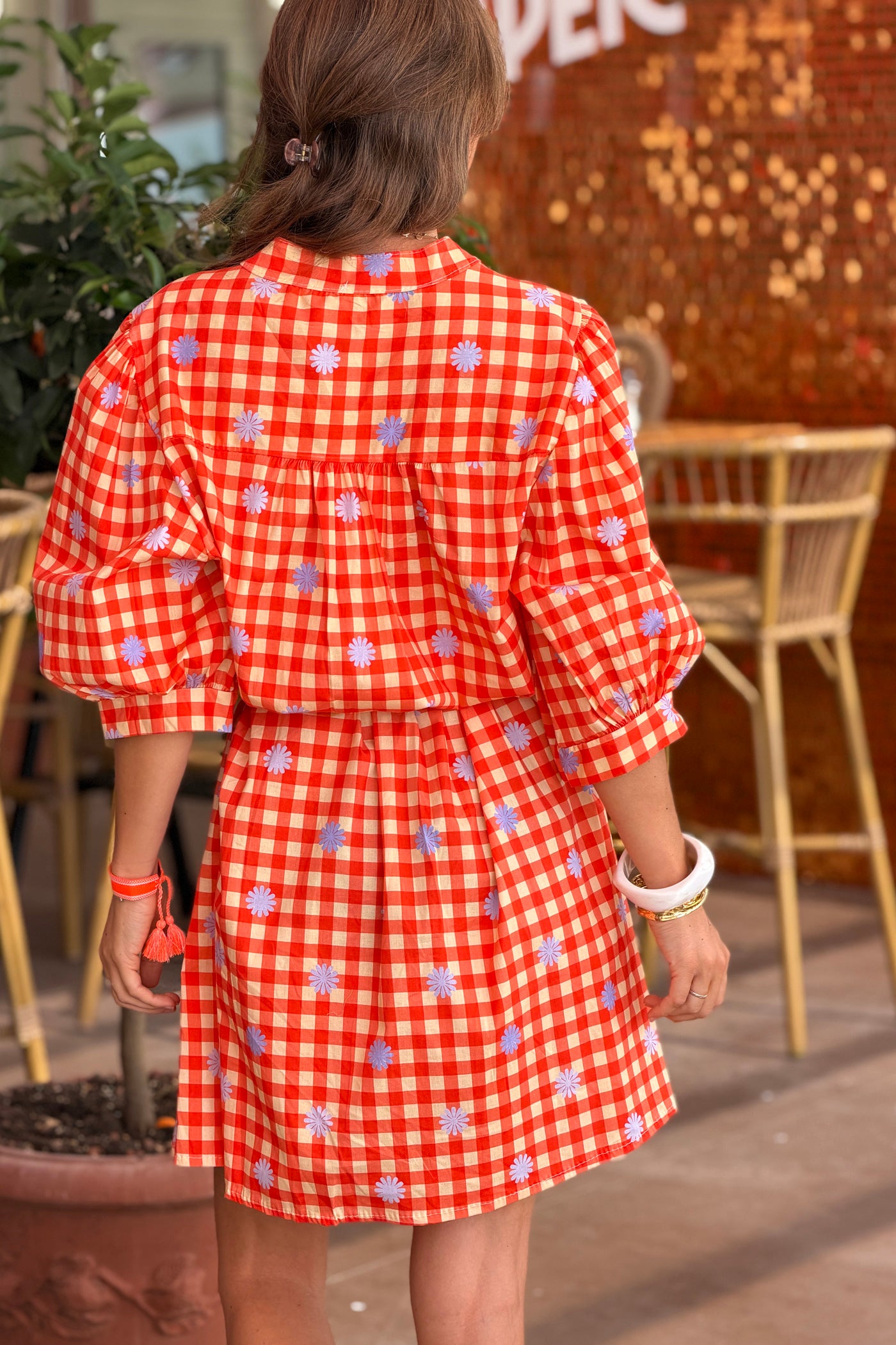 Robe chemise en coton imprimé vichy rouge et jaune motif fleurs