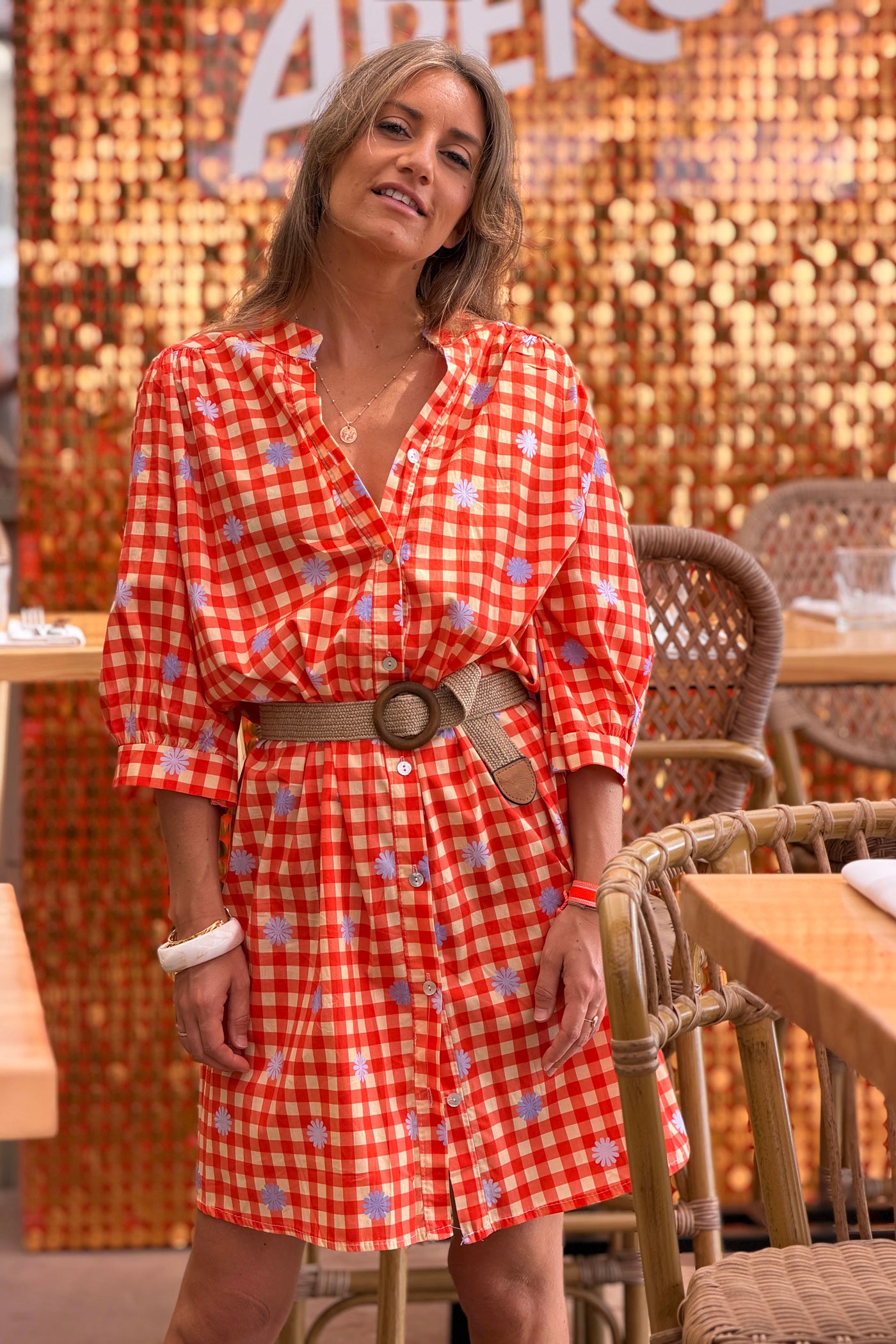 Robe chemise en coton imprimé vichy rouge et jaune motif fleurs