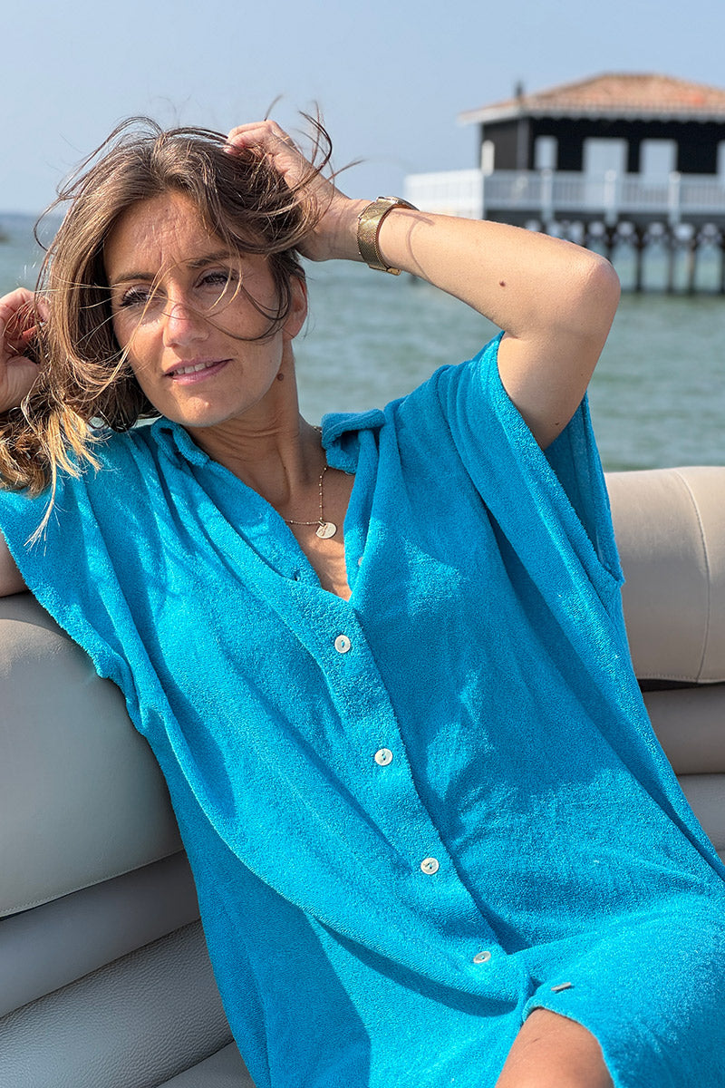 Blue Terry Cloth Shirt Dress
