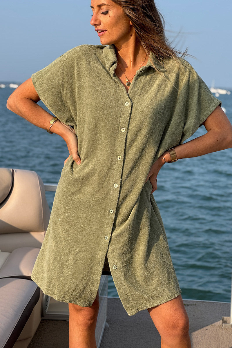 Khaki Terry Cloth Shirt Dress