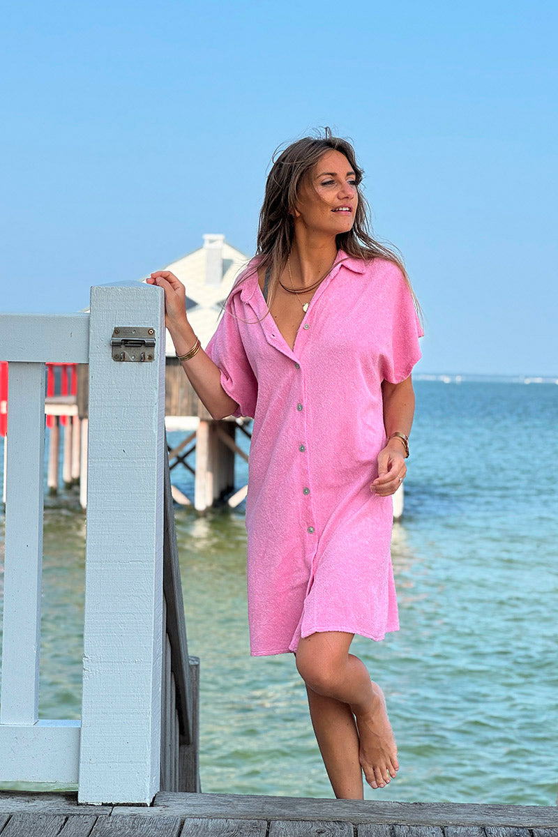 Pink Terry Cloth Shirt Dress