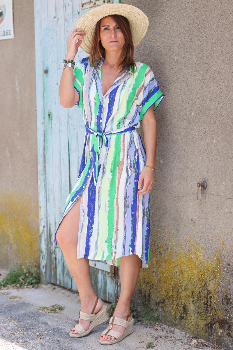Robe chemise fluide rayures verticales effet peinture H101 (1)