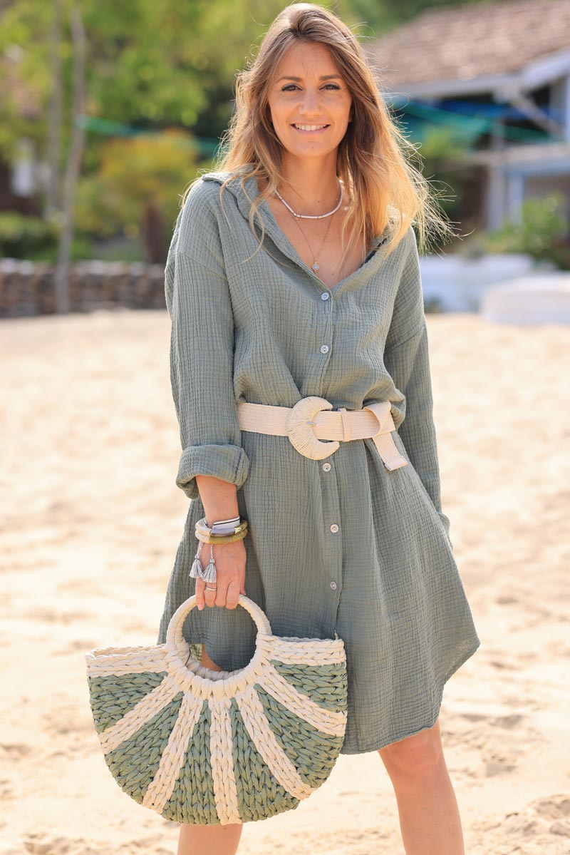 Robe chemise kaki en gaze de coton boutons nacrés