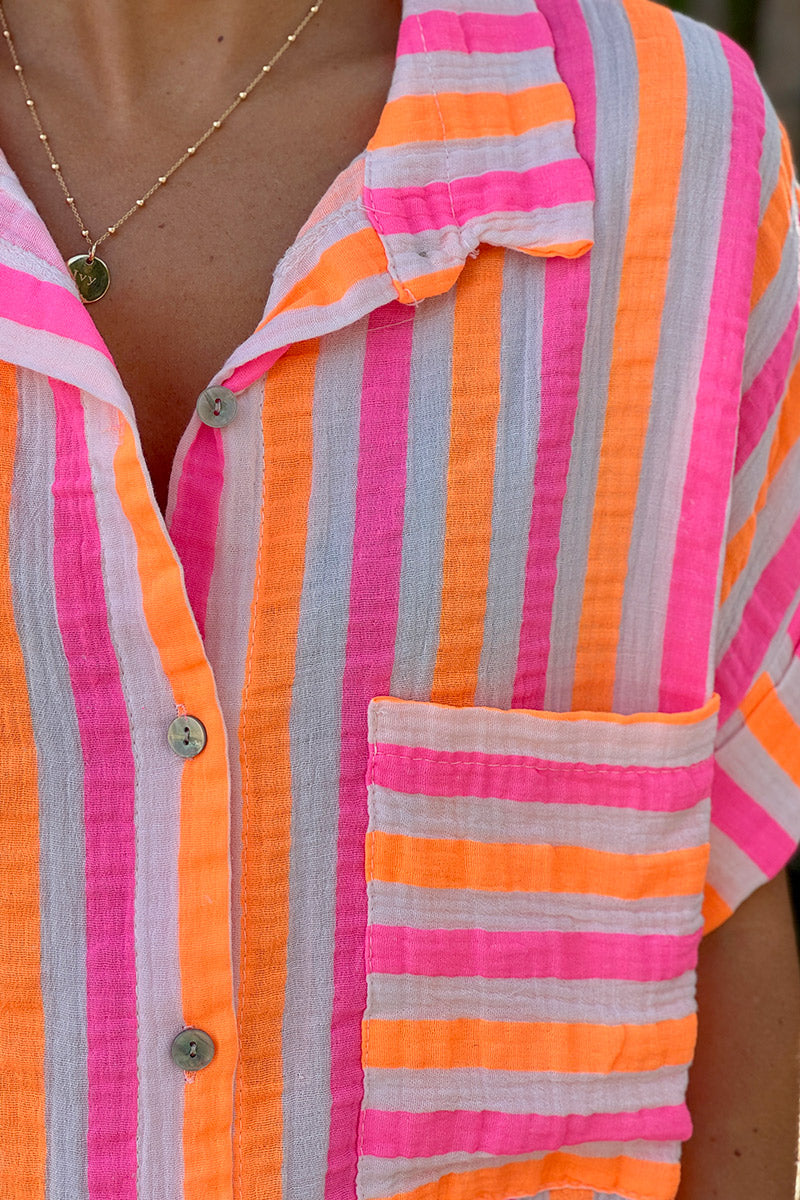 Orange Neon Stripe Button-Down Cabana Dress