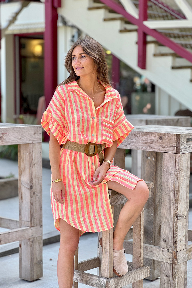 Robe chemise large en gaze de coton jaune rayures fluo
