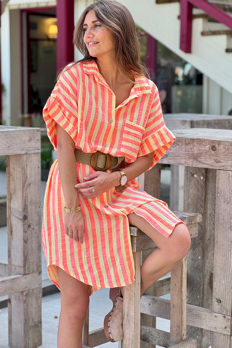 Robe chemise large en gaze de coton jaune rayures fluo