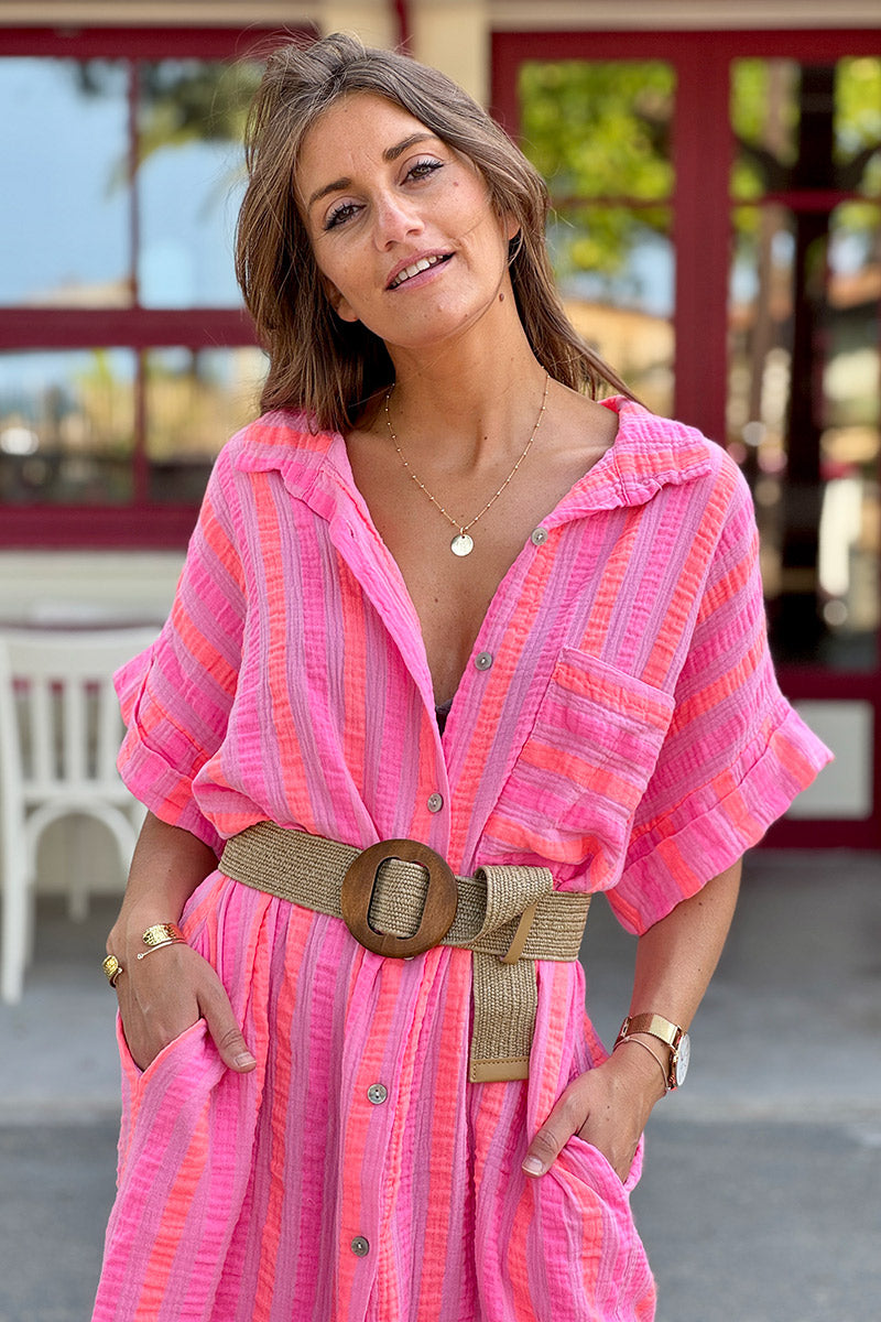 Pink Neon Stripe Button-Down Cabana Dress
