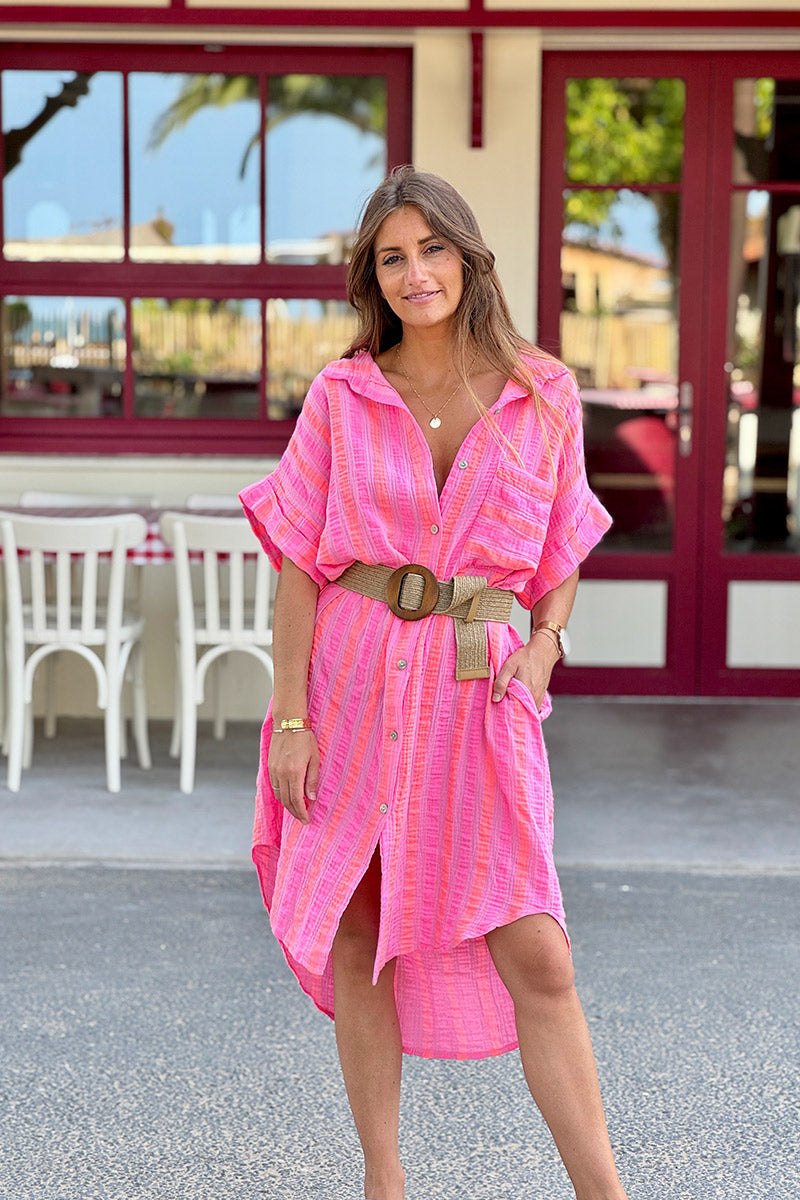 Pink Neon Stripe Button-Down Cabana Dress