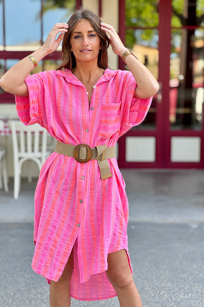 Pink Neon Stripe Button-Down Cabana Dress