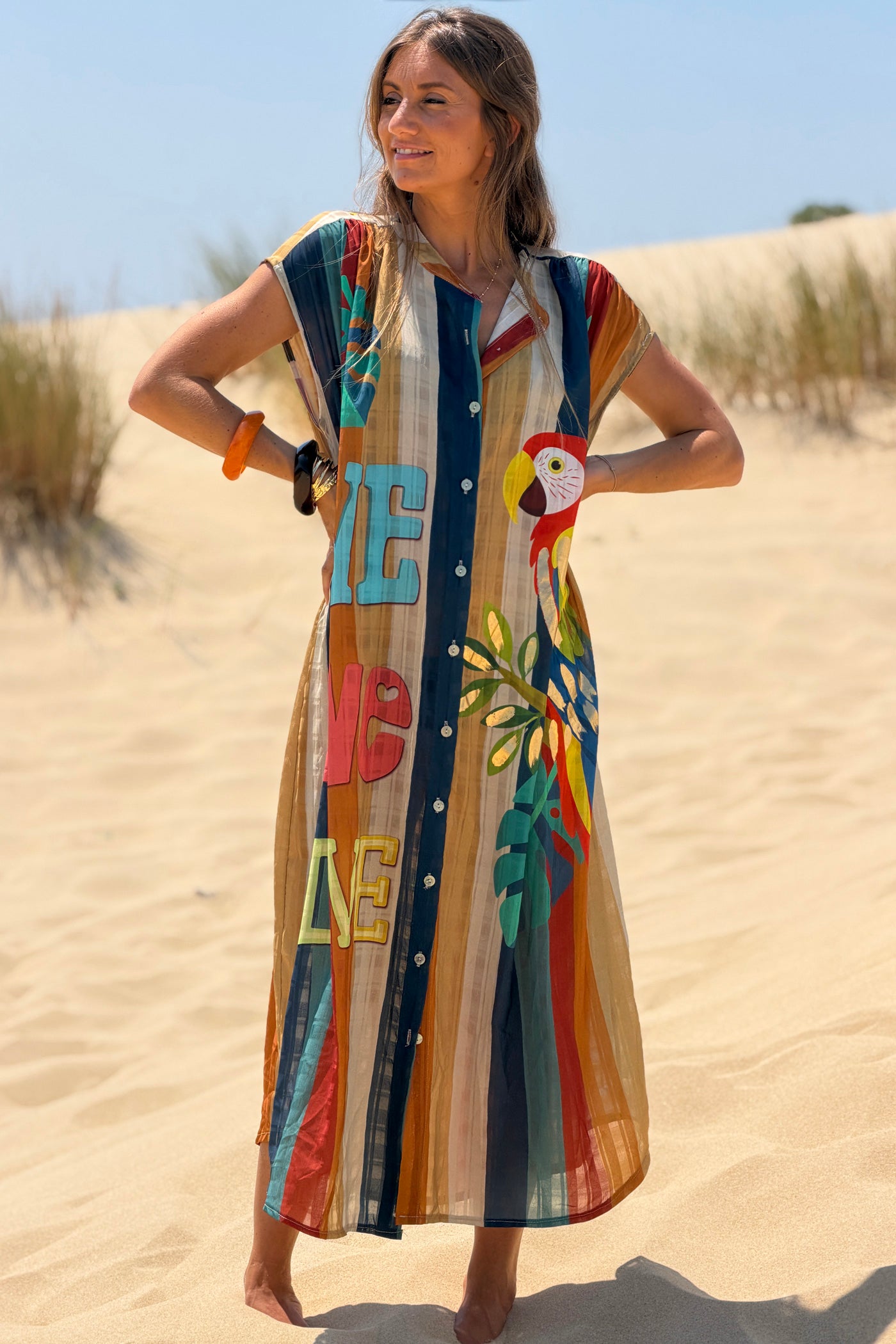 Robe chemise large et fluide coupe loose imprimé rayures love et perroquet