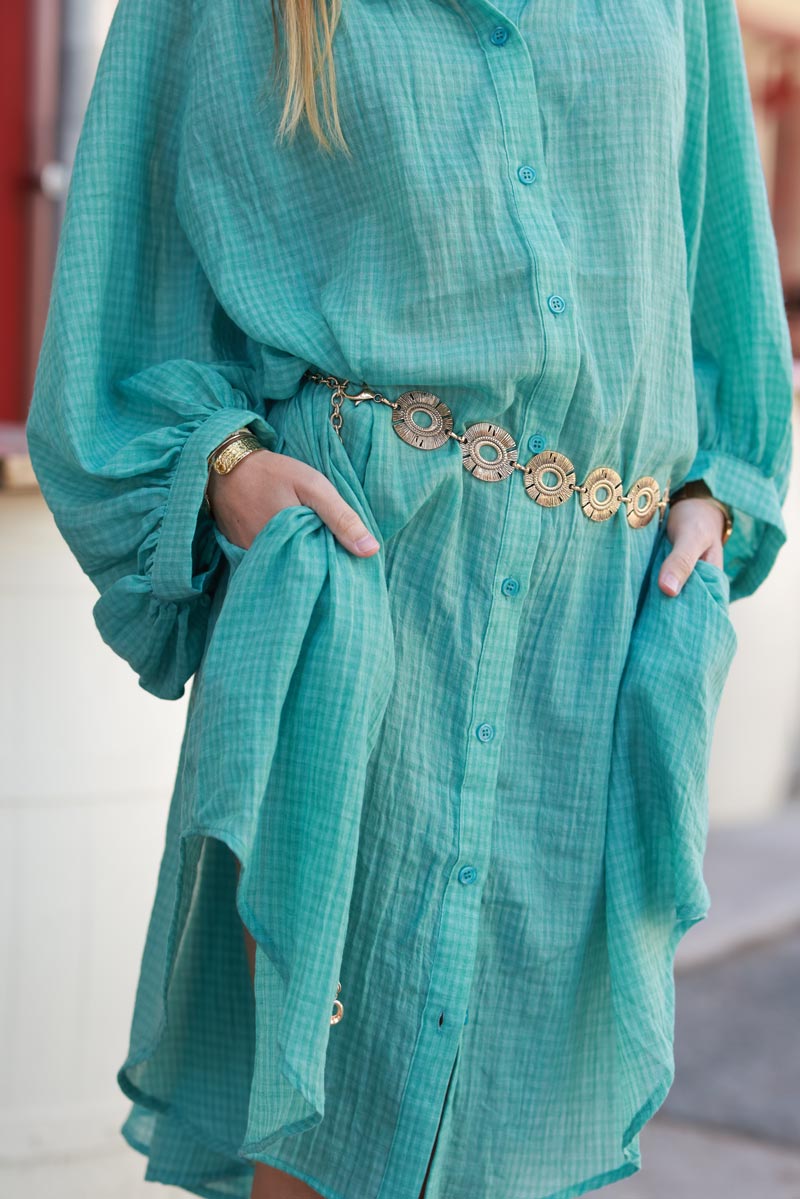 Water Green Gingham Blouson Prairie Dress