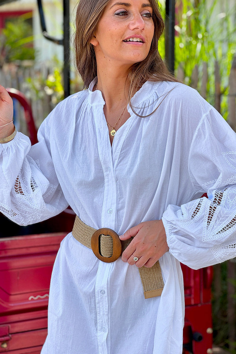 Robe chemise légère blanche manches crochet ajouré
