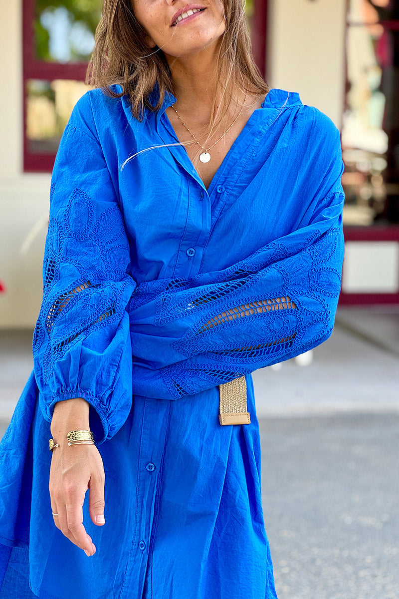 Royal Blue Crochet Sleeve Button-Down Tunic Dress
