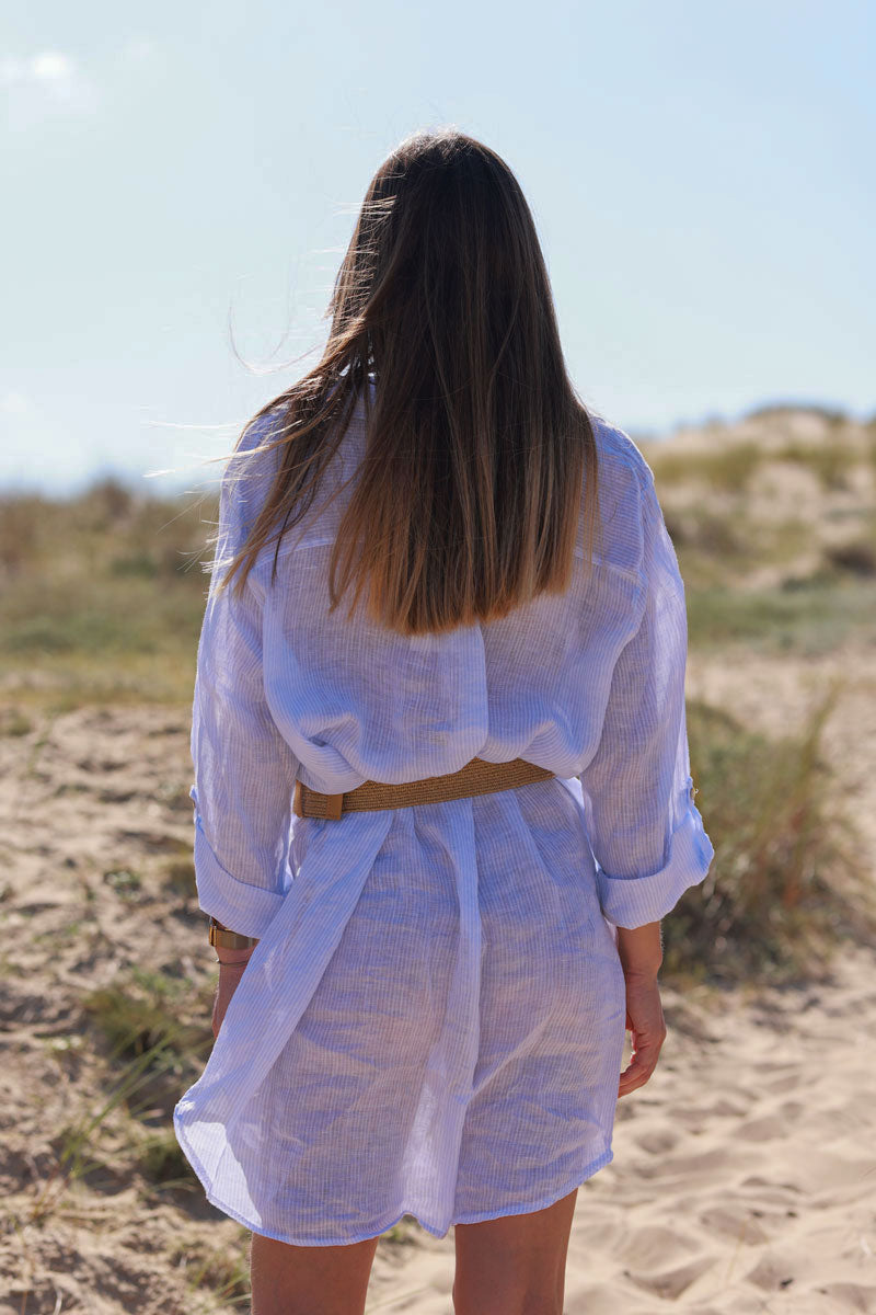 Dusty Blue Pinstripe Linen Button-Down