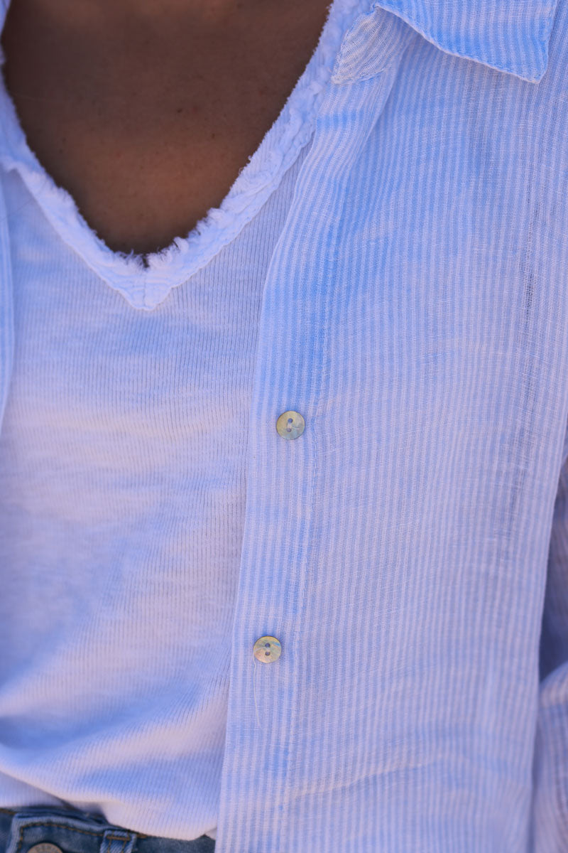 Dusty Blue Pinstripe Linen Button-Down