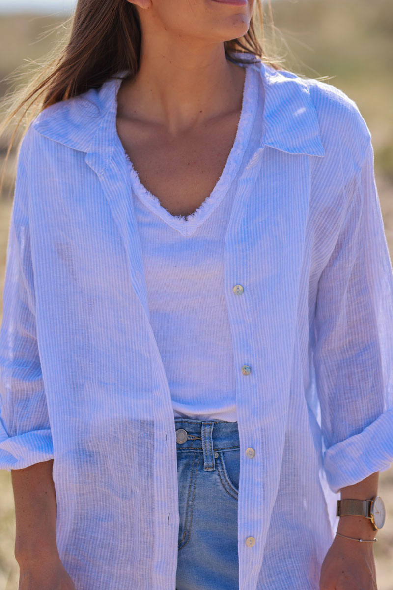 Dusty Blue Pinstripe Linen Button-Down
