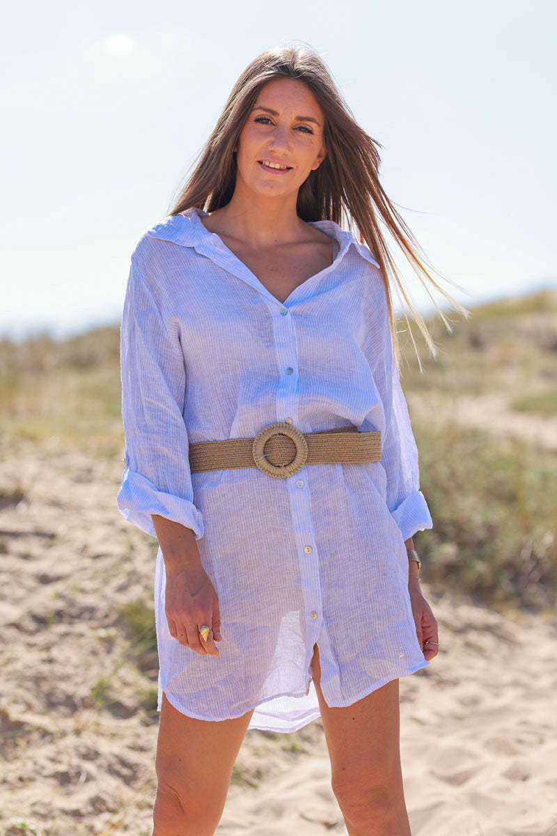 Dusty Blue Pinstripe Linen Button-Down