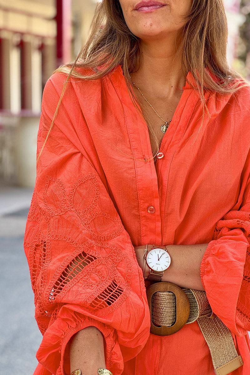 Robe chemise légère orange manches crochet ajouré