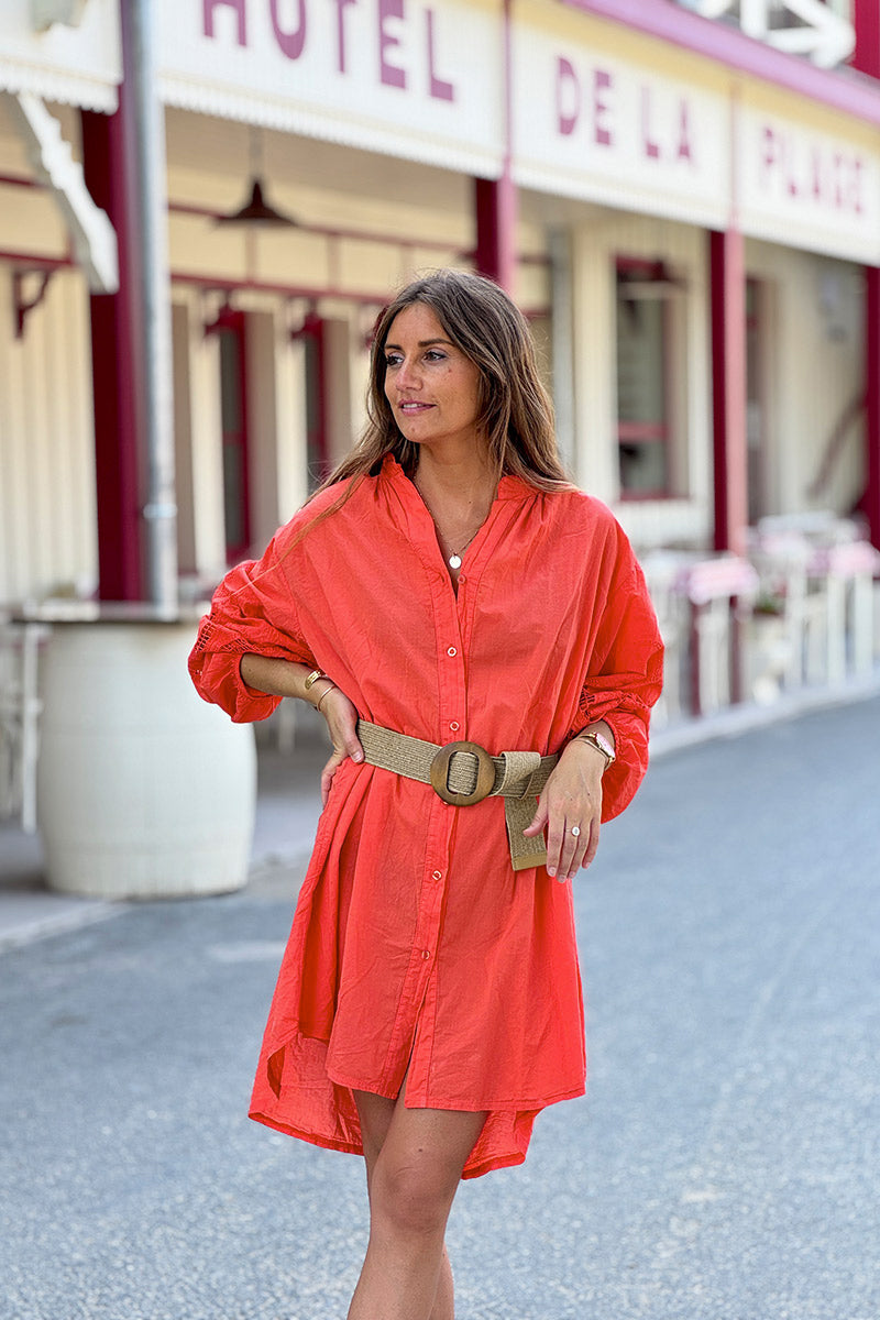Robe chemise légère orange manches crochet ajouré