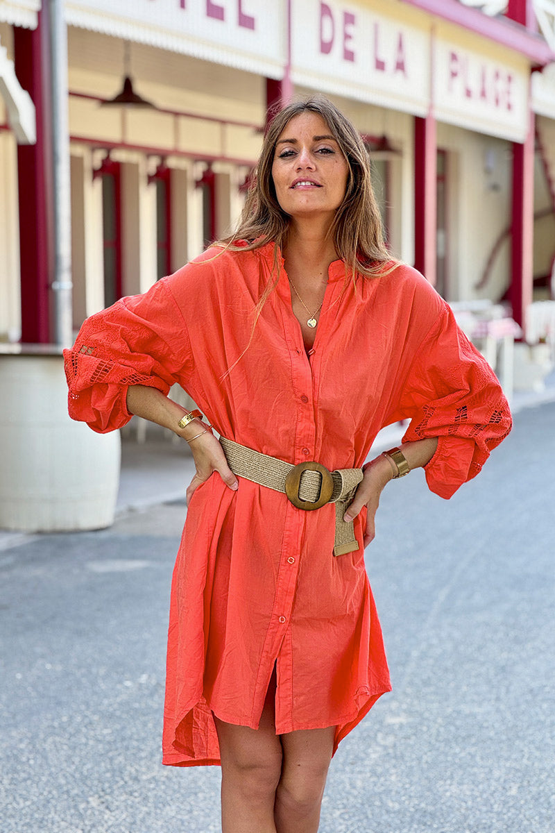 Robe chemise légère orange manches crochet ajouré