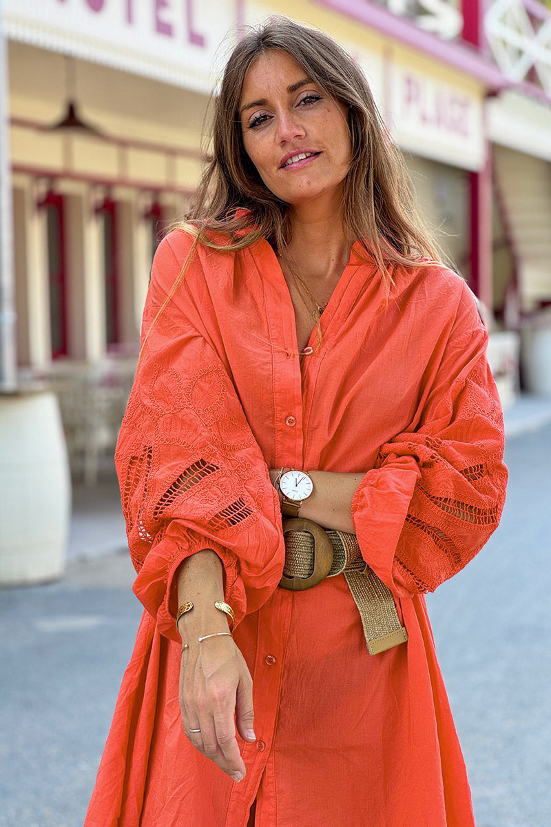Robe chemise légère orange manches crochet ajouré