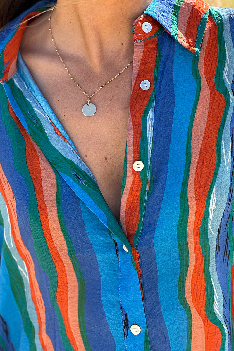 Robe chemise légère toucher soie bleu roi imprimé rayures vagues colorées