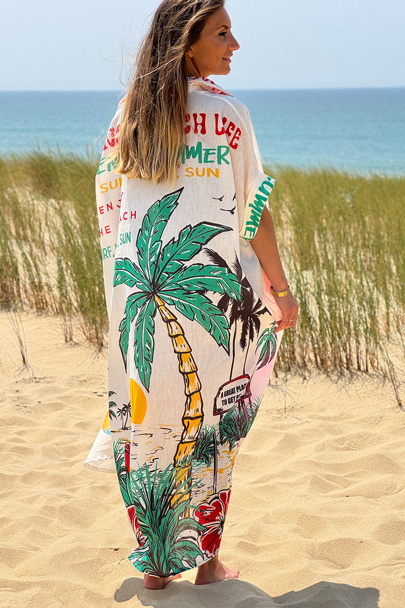 Robe chemise longue écrue imprimé Summer Beach palmiers et fleurs colorées