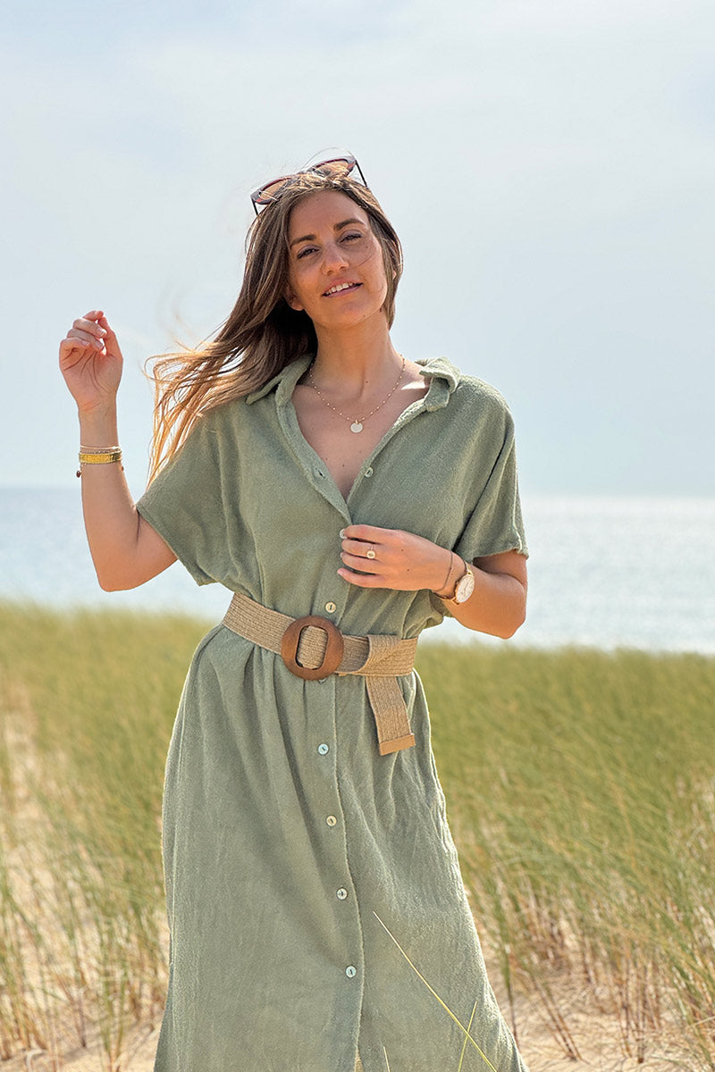 Robe chemise longue en éponge kaki boutons nacres