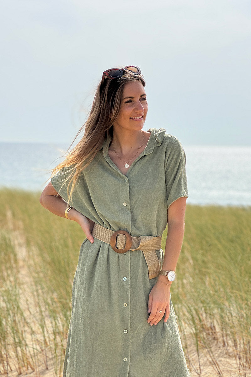Robe chemise longue en éponge kaki boutons nacres