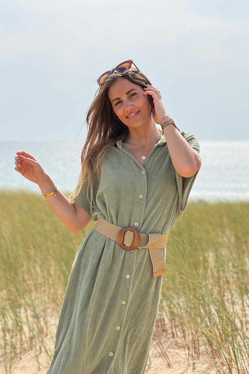 Robe chemise longue en éponge kaki boutons nacres