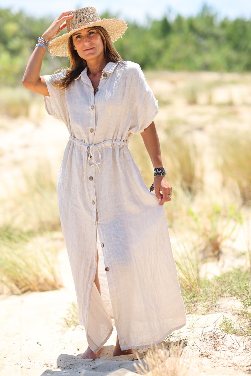 Beige linen maxi shirt dress