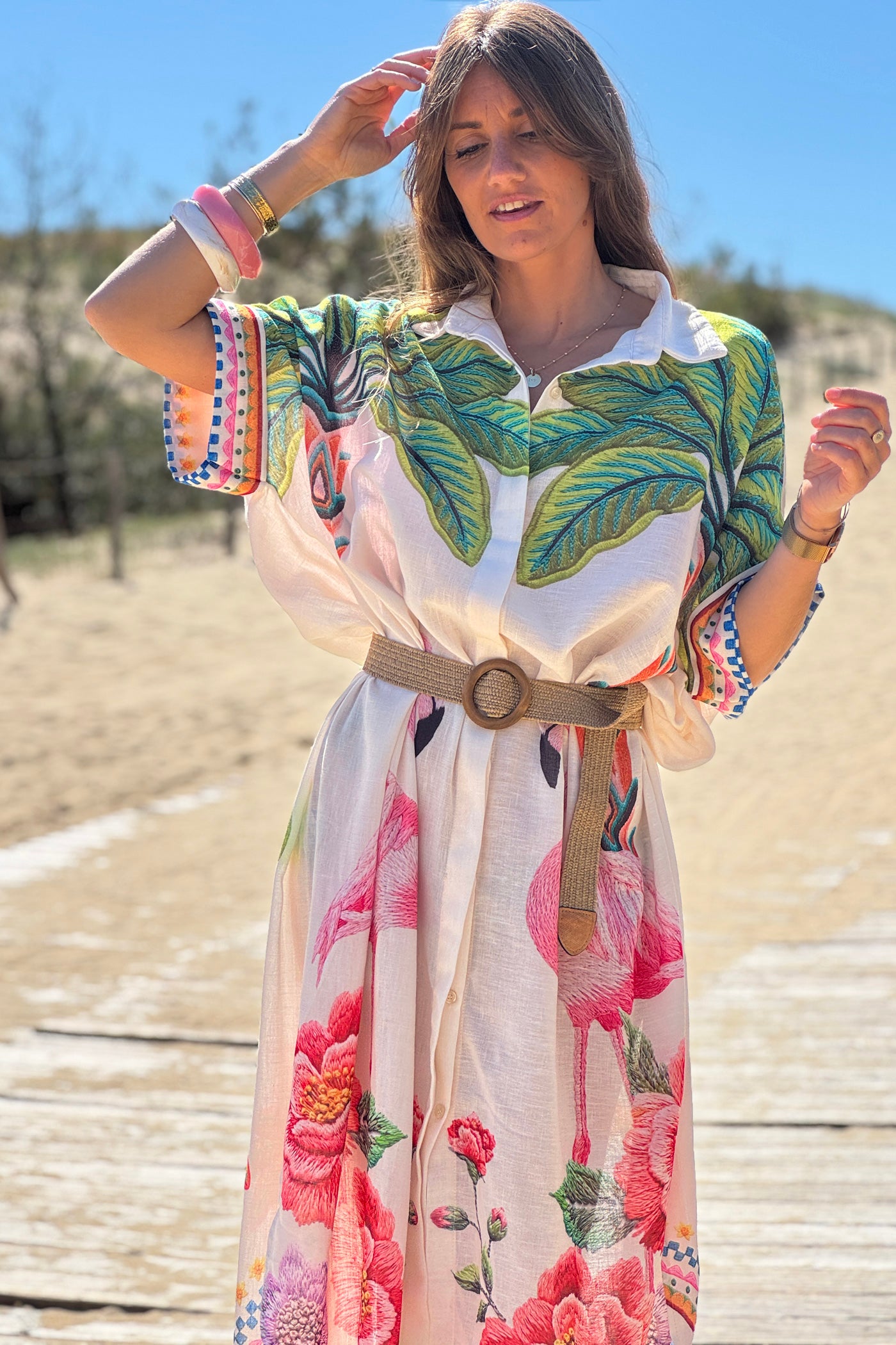 Beige Flirty Flamingos Button-Down Caftan