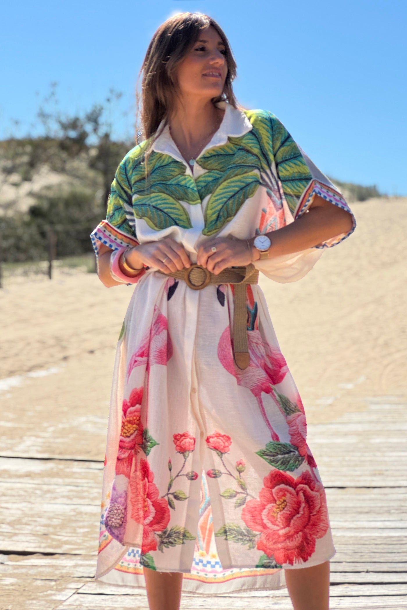 Beige Flirty Flamingos Button-Down Caftan