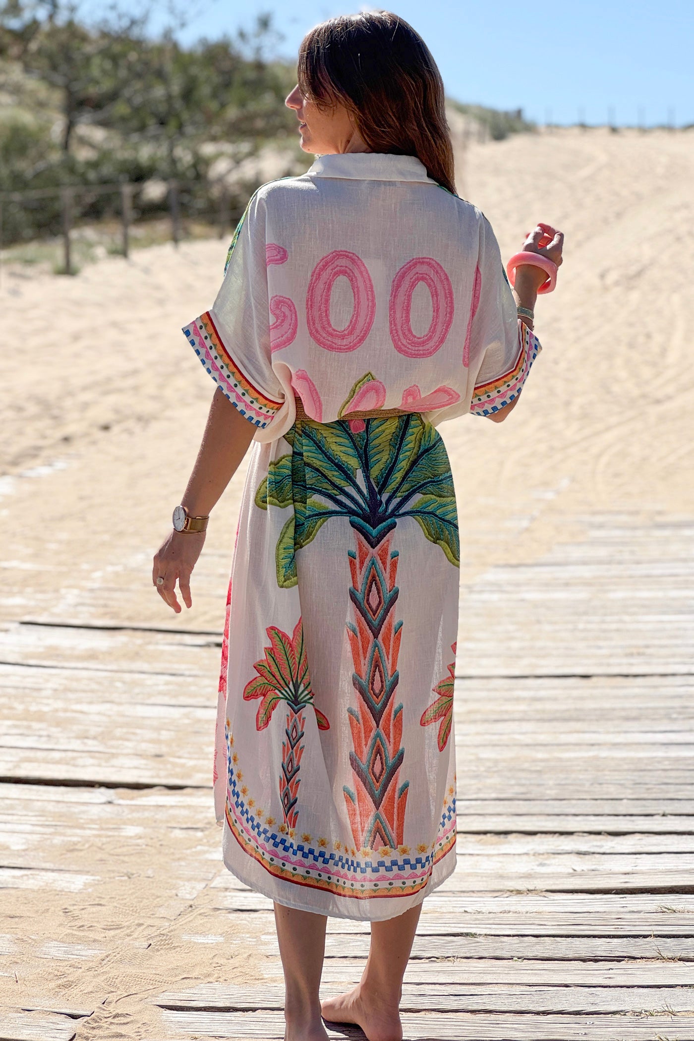 Beige Flirty Flamingos Button-Down Caftan