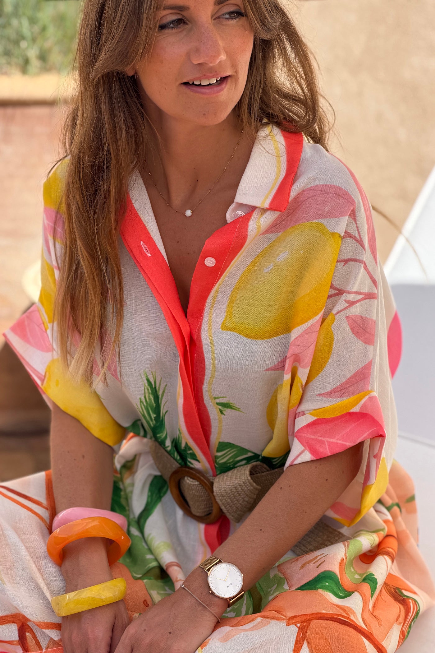 Robe chemise longue et large en coton imprime Vacances surfeurs et citrons